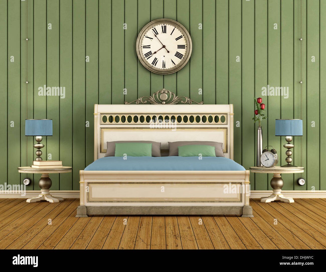 Vintage Bedroom with green wall paneling and classic bed - render Stock Photo