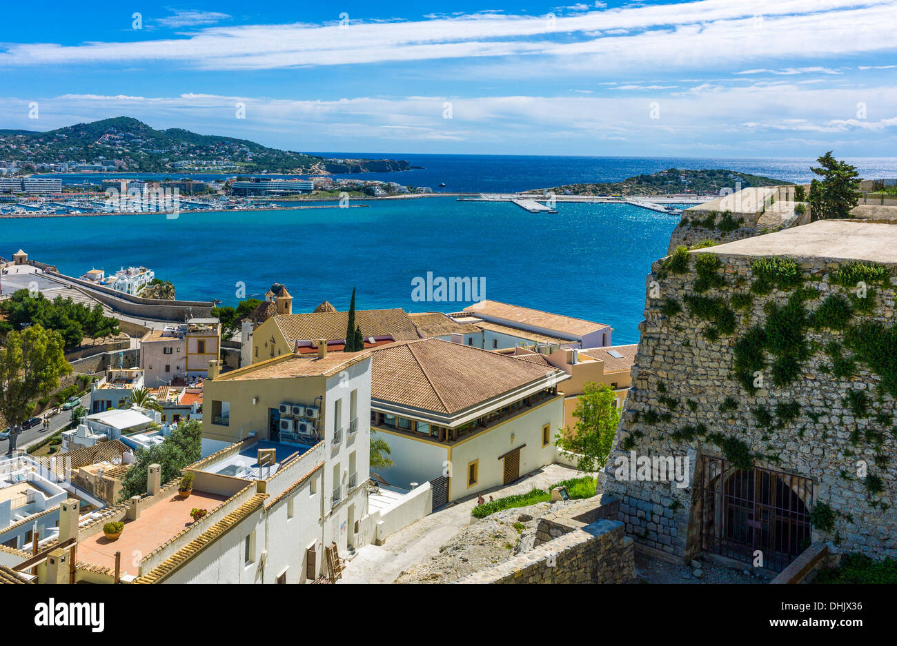 Europe, Spain, Balearic islands Eivissa, Ibiza panorama of the harbor seen from the old town Dalt Vila ramparts Stock Photo