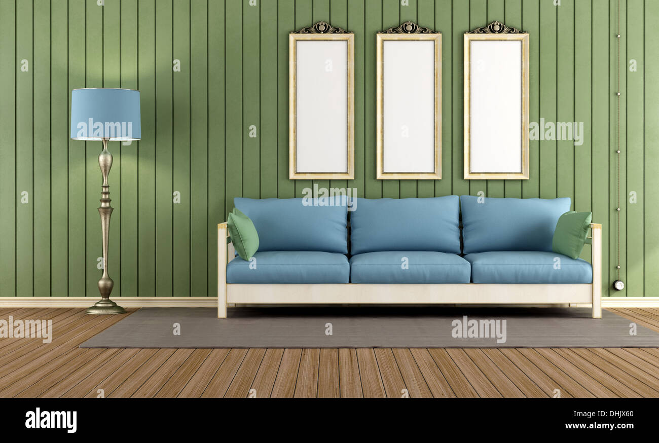 Vintage room with wooden sofa and green wall paneling - render Stock Photo