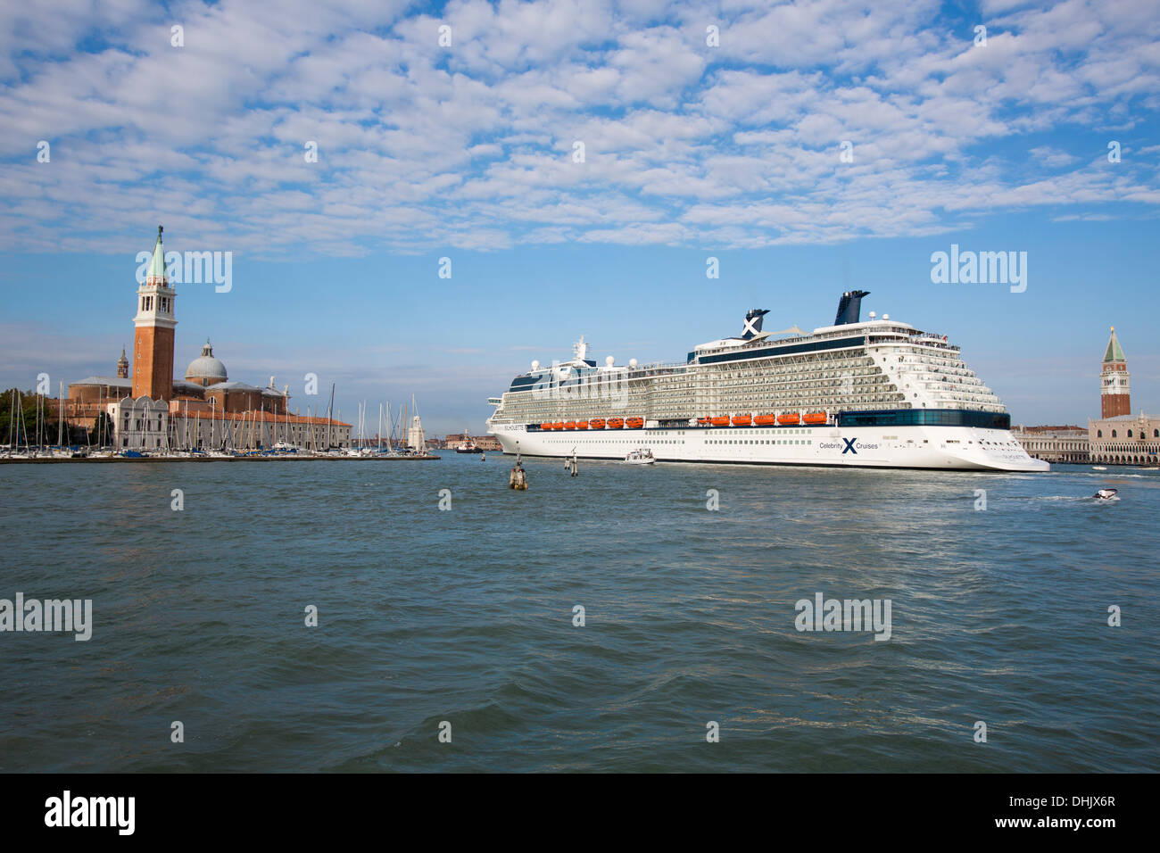 Cruise ship Celebrity Silhouette in Bacino di San Marco with Isola di San Giorgio Maggiore and Campanile tower, Venice, Veneto, Stock Photo