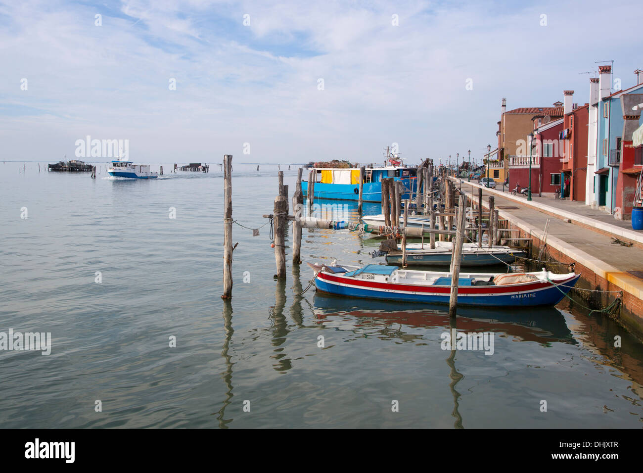 Fishing boats alongside promenade, Pellestrina, Veneto, Italy, Europe Stock Photo