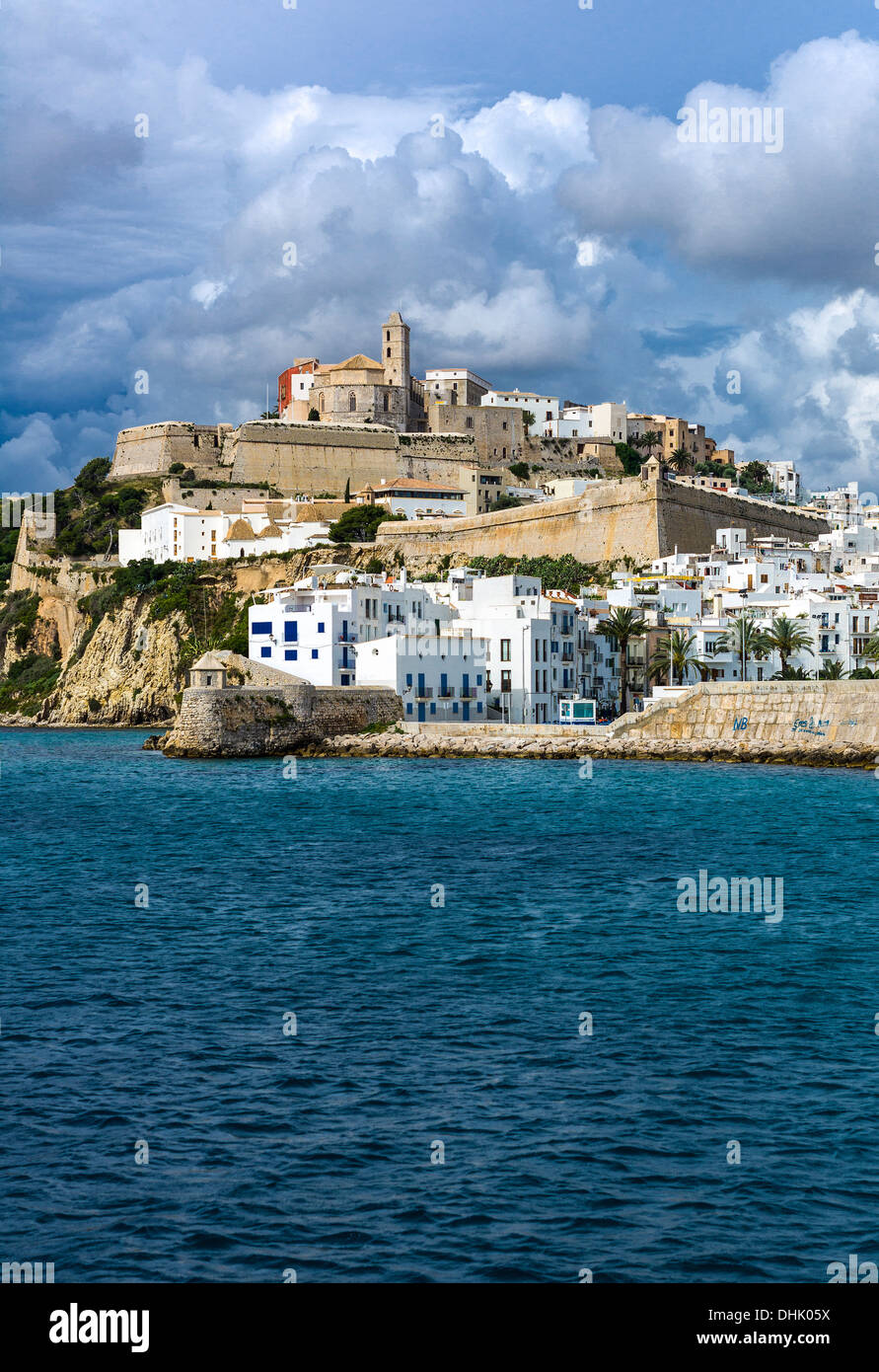 Europe, Spain, Balearic islands, Eivissa (Ibiza), view from the sea of the old town (Dalt Vila) Stock Photo