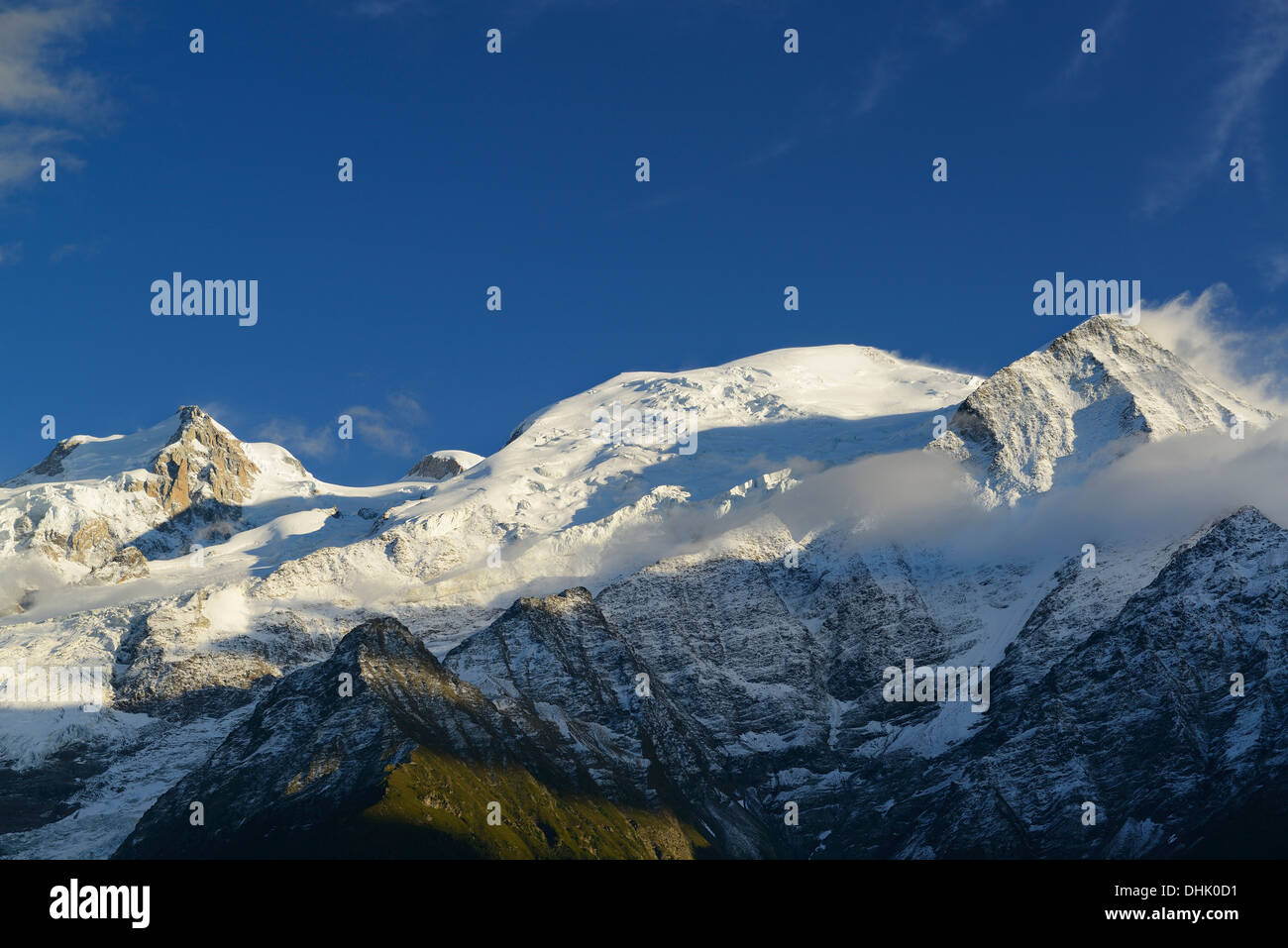 View to Mont Maudit, Mont Blanc and Aiguille du Gouter, Mont Blanc range, Chamonix, Savoy, France Stock Photo