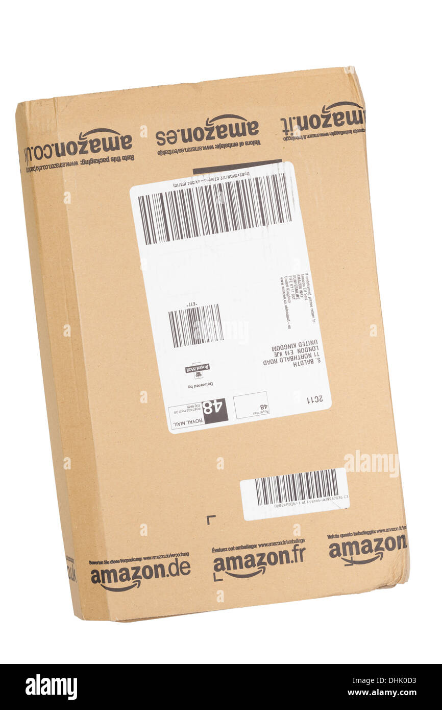 A packet parcel from Amazon on a white background Stock Photo