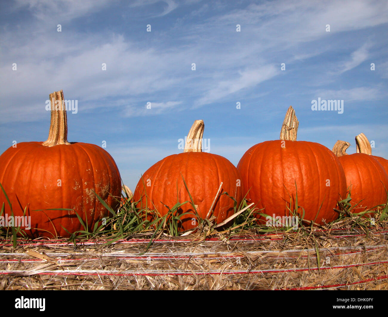 pumpkins on top of a hay bale Stock Photo - Alamy