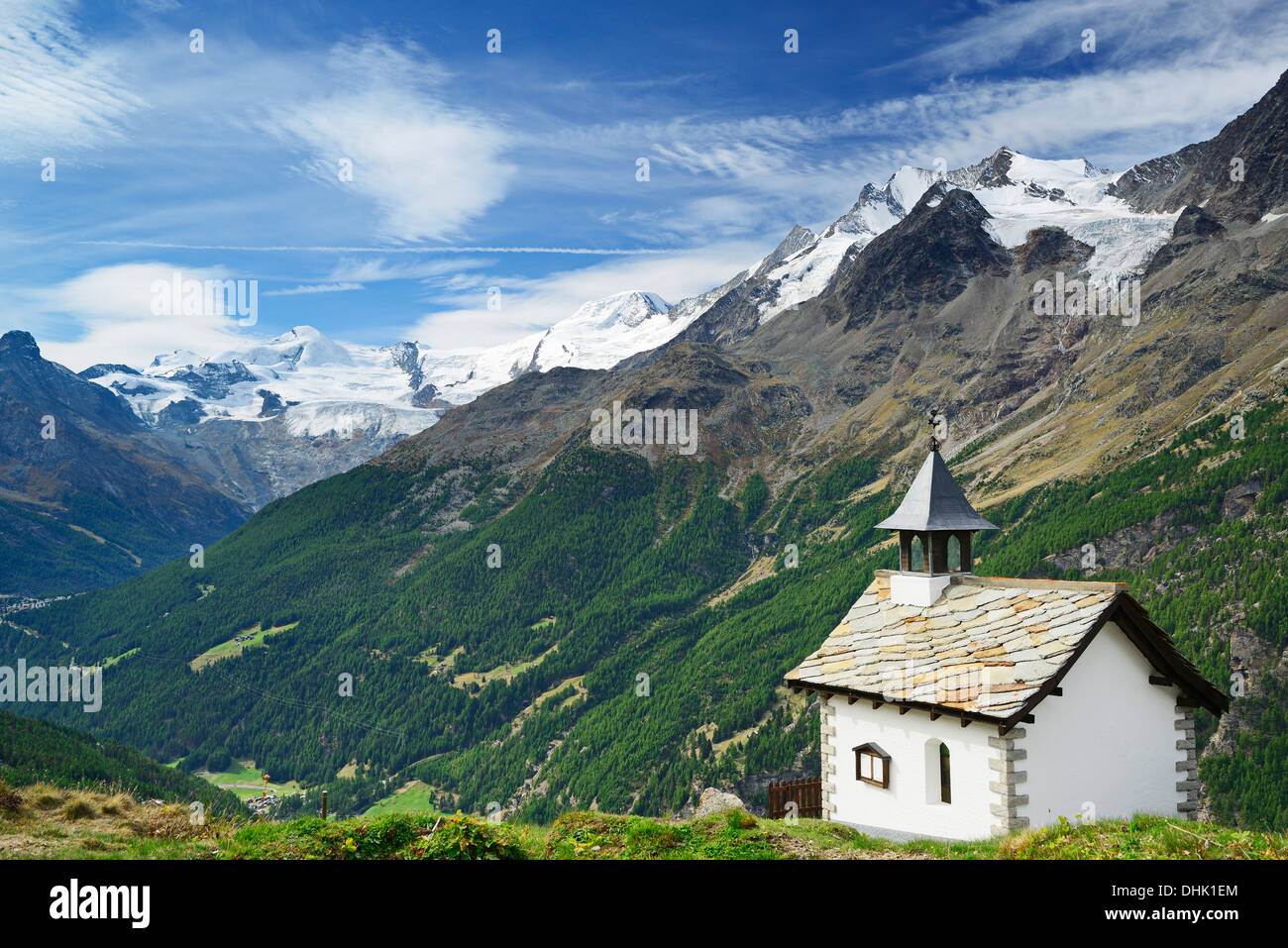 Chapel in front of Mischabel range, Pennine Alps, Valais, Switzerland Stock Photo
