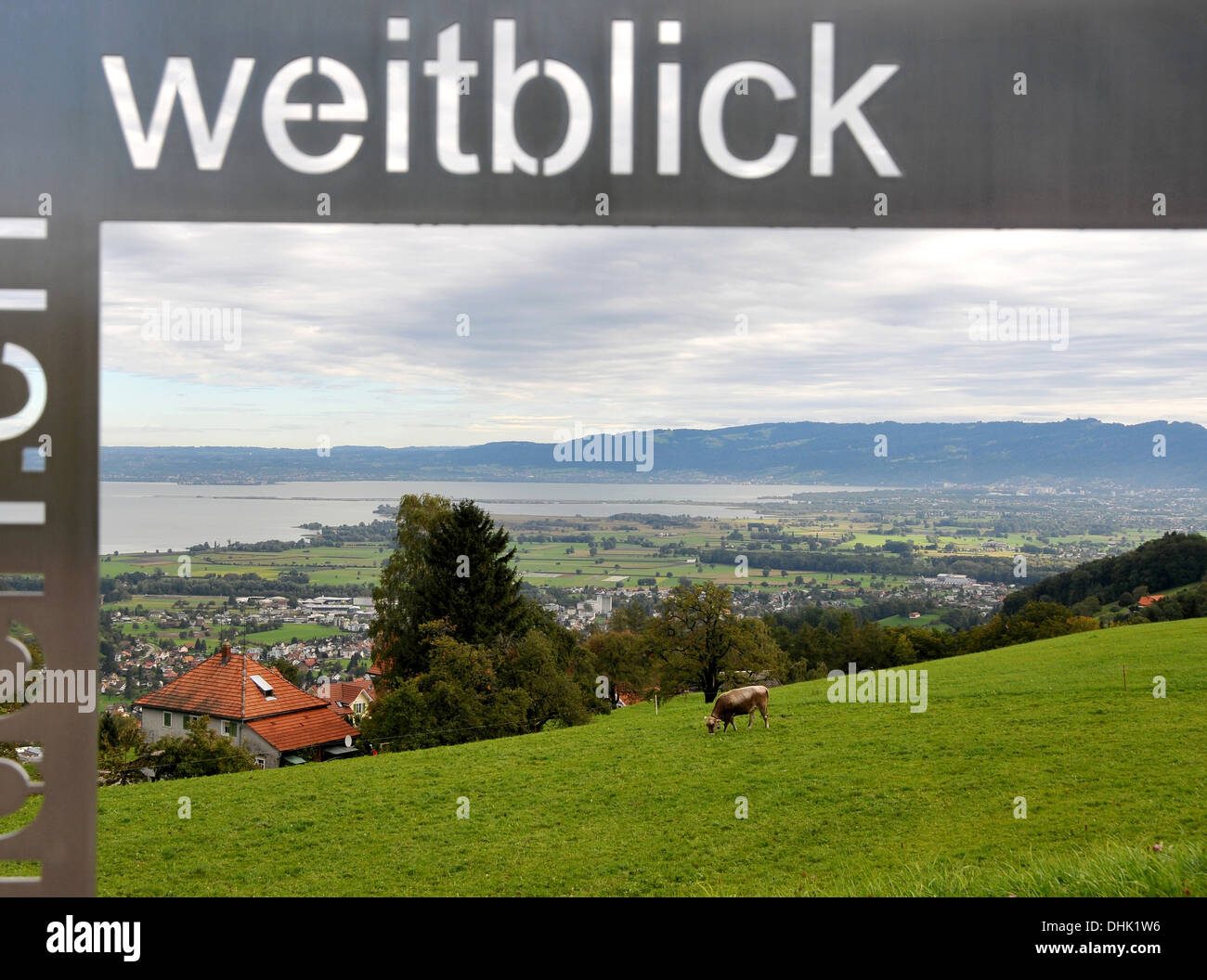 View through a sign onto Lake Constance, Appenzellerland, Eastern Switzerland, Switzerland, Europe Stock Photo