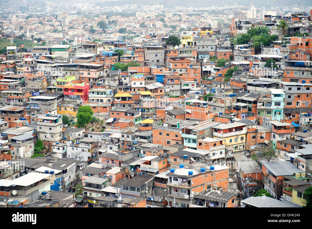 Brazilian favela shantytown covers the hillside in Rio de Janeiro Brazil Complexo Alemao Stock Photo