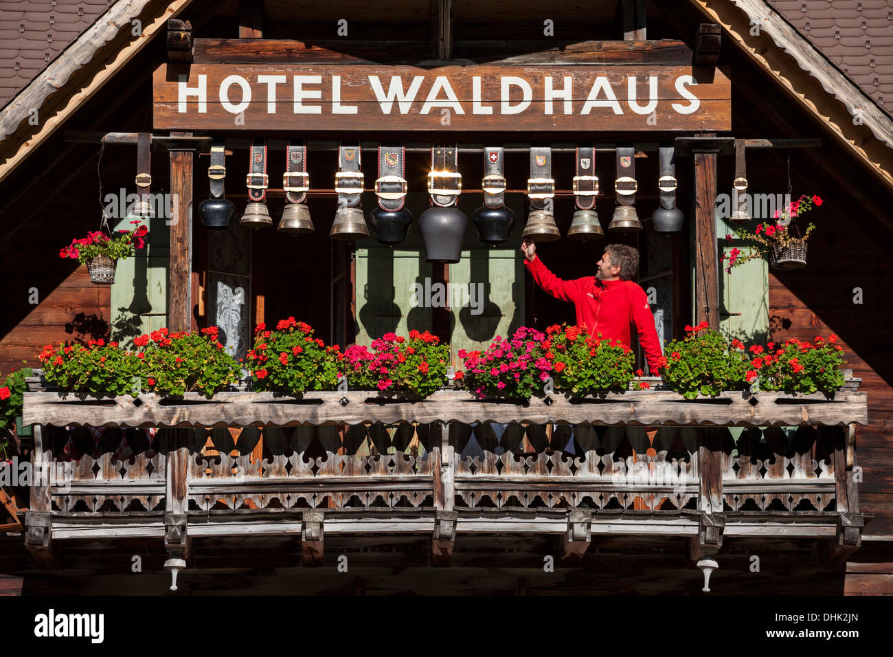 Cowbells on the balcony of Hotel Waldhaus, Gastern Valley, Bernese Oberland, Canton of Bern, Switzerland Stock Photo