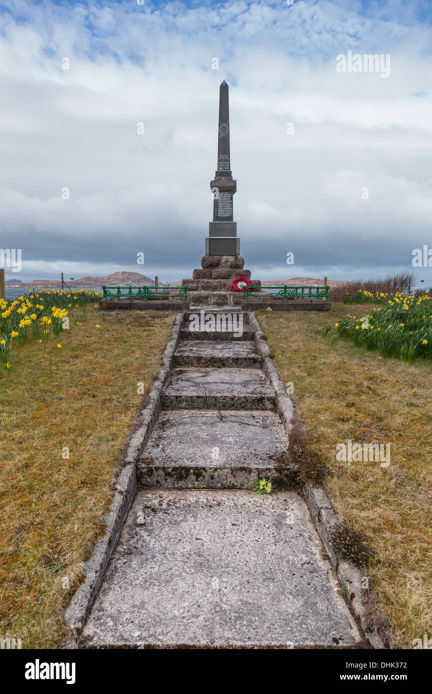 War memorial at Achiltibuie, West of Scotland. A tribute to the men of the Coigach peninsula with the Summer Isles behind. Stock Photo