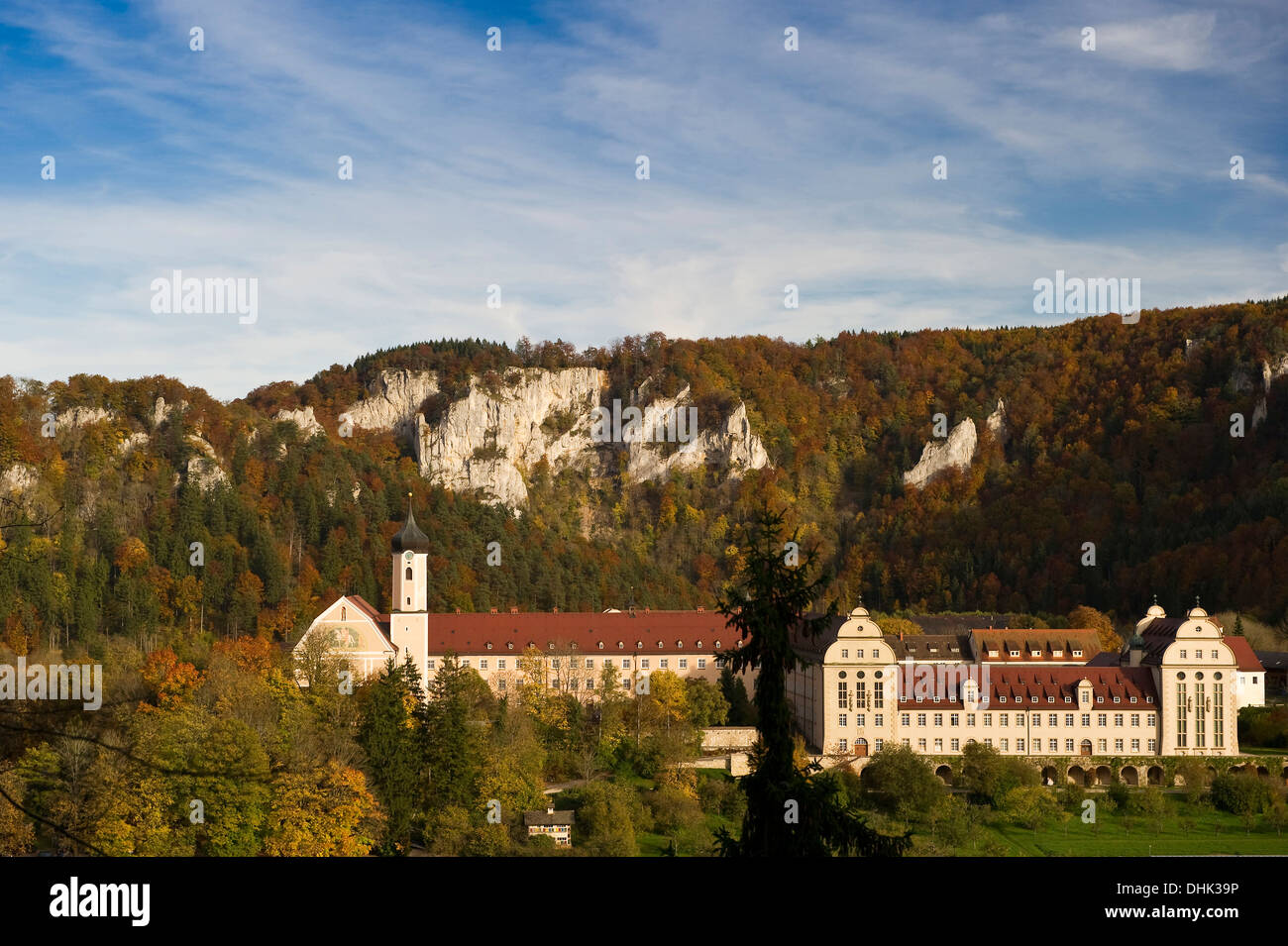 View of Beuron Archabbey, a major house of the Benedictine Order, Upper Danube Valley, Swabian Alp, Baden-Wuerttemberg, Germany, Stock Photo