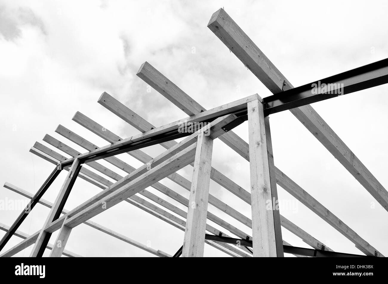 with wood and steel building construction Stock Photo