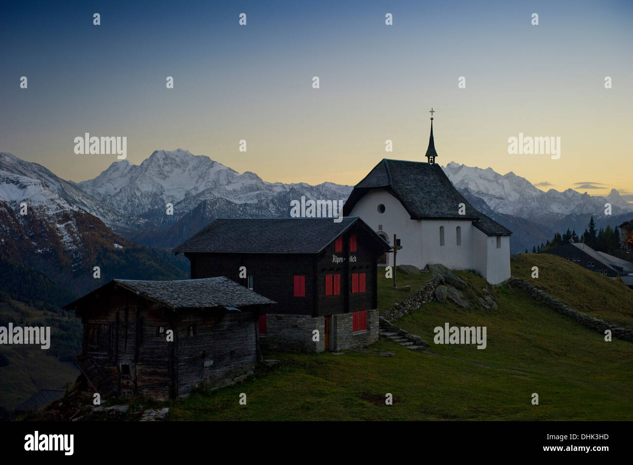Mountain village at Bettmeralp at sunset, Canton of Valais, Switzerland, Europe Stock Photo
