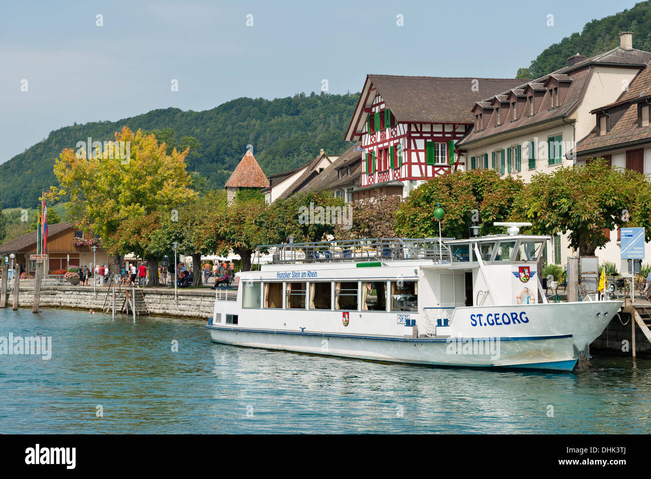Switzerland, Schaffhausen, Lake Constance, Motorship at shore of Stein