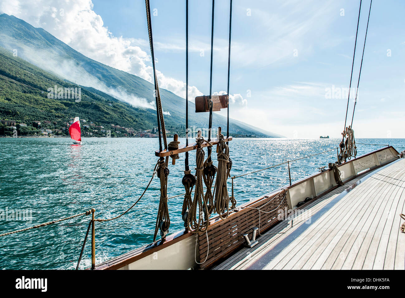 Sailing ship on lake Garda near Malcesine, Lago di Garda, Province of Verona, Northern Italy, Italy Stock Photo