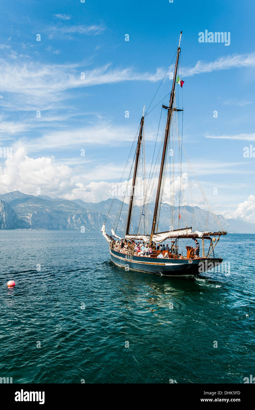 Sailing ship on Lake Garda near Malcesine, Lago di Garda, Province of Verona, Northern Italy, Italy Stock Photo