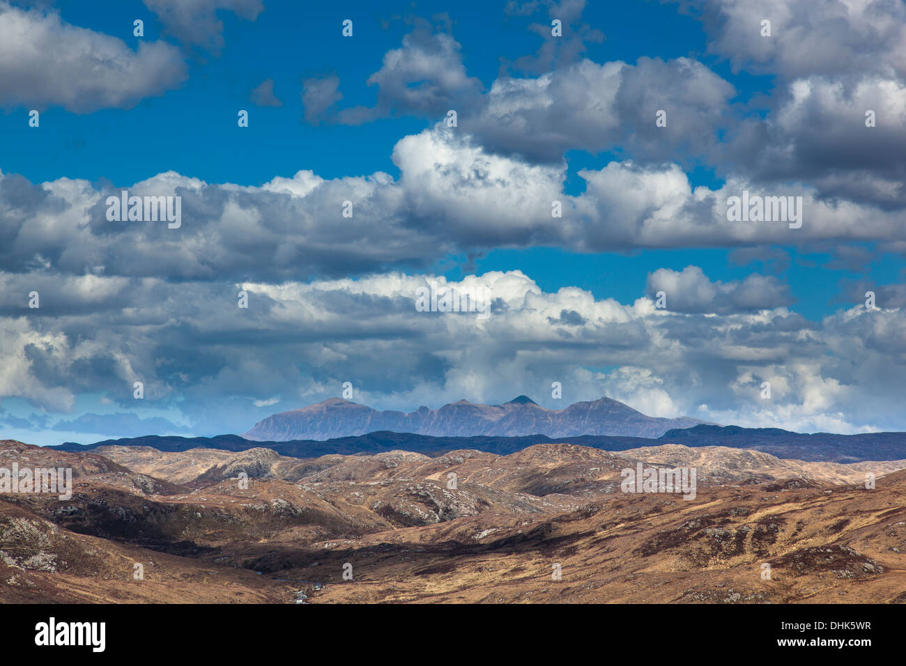 Remote wilderness in the Scottish Highlands with views of the distant mountains. Stock Photo