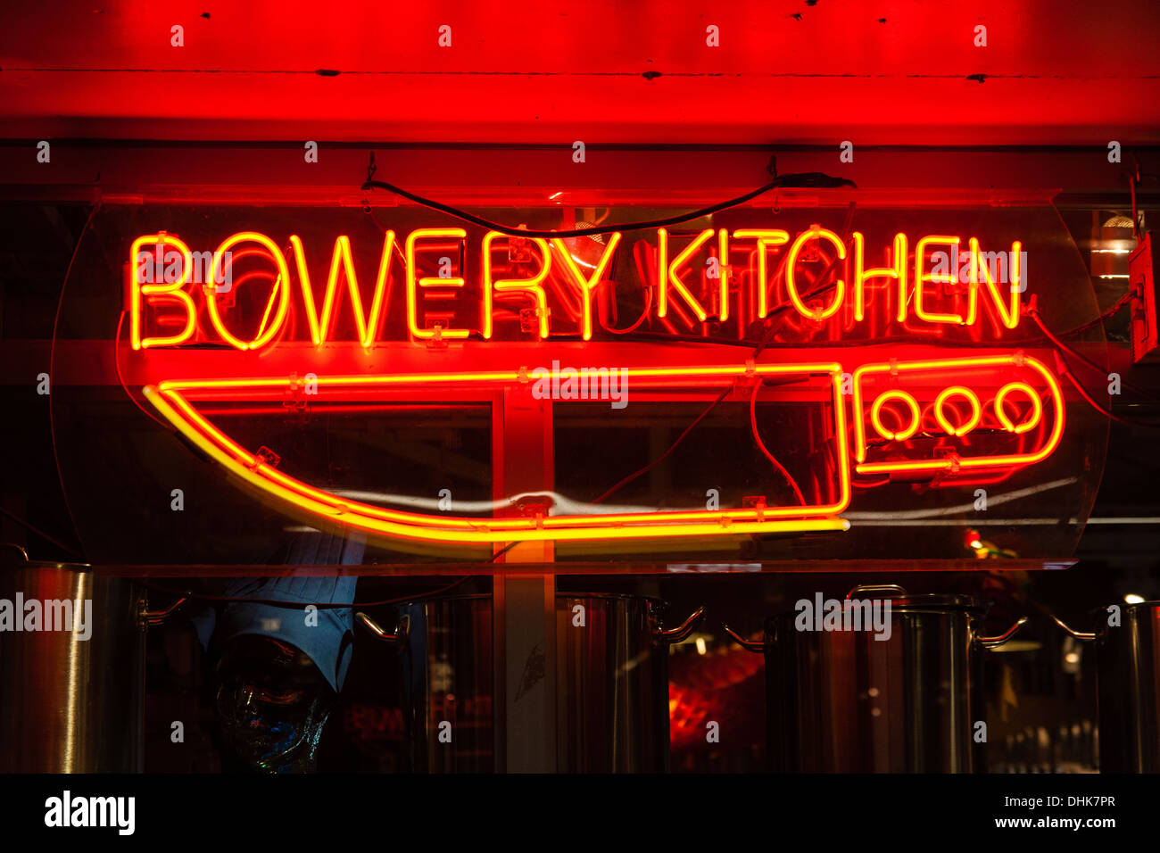 Bowery Kitchen neon sign.Chelsea food market, Chelsea, New York City
