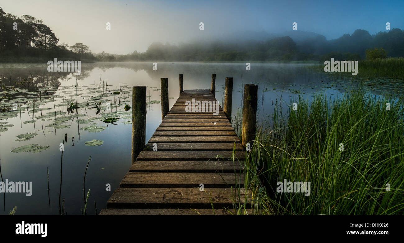Mooring jetty on a lake early morning in the mist Stock Photo