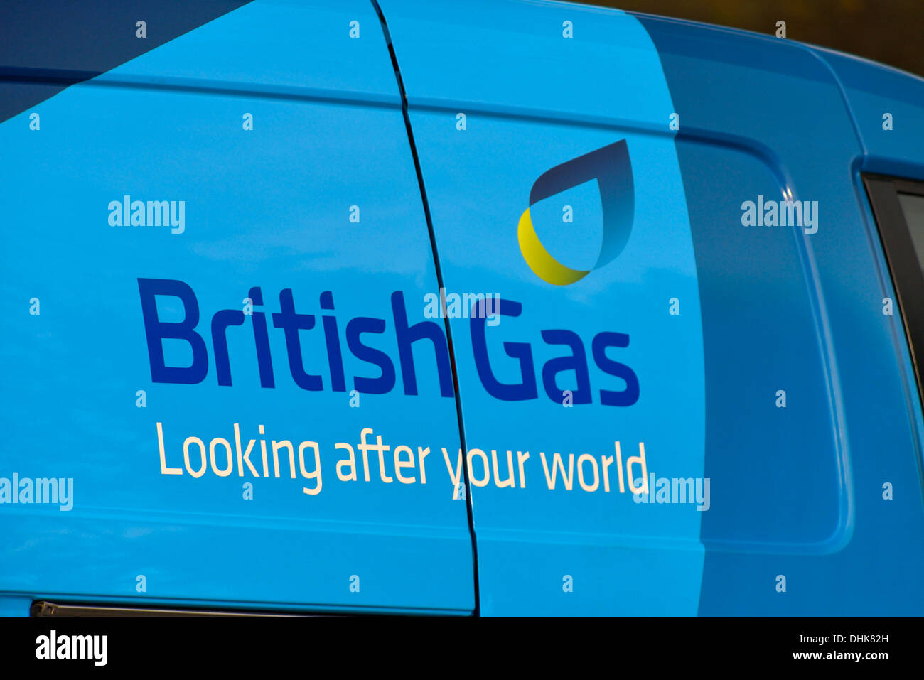 'Brithish Gas Looking after your world', advertising slogan on van. Beast Banks, Kendal. Cumbria, England, United Kingdom. Stock Photo