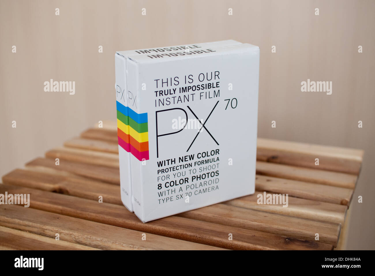 Boxes of Impossible PX 70 Color Protection instant film. Stock Photo