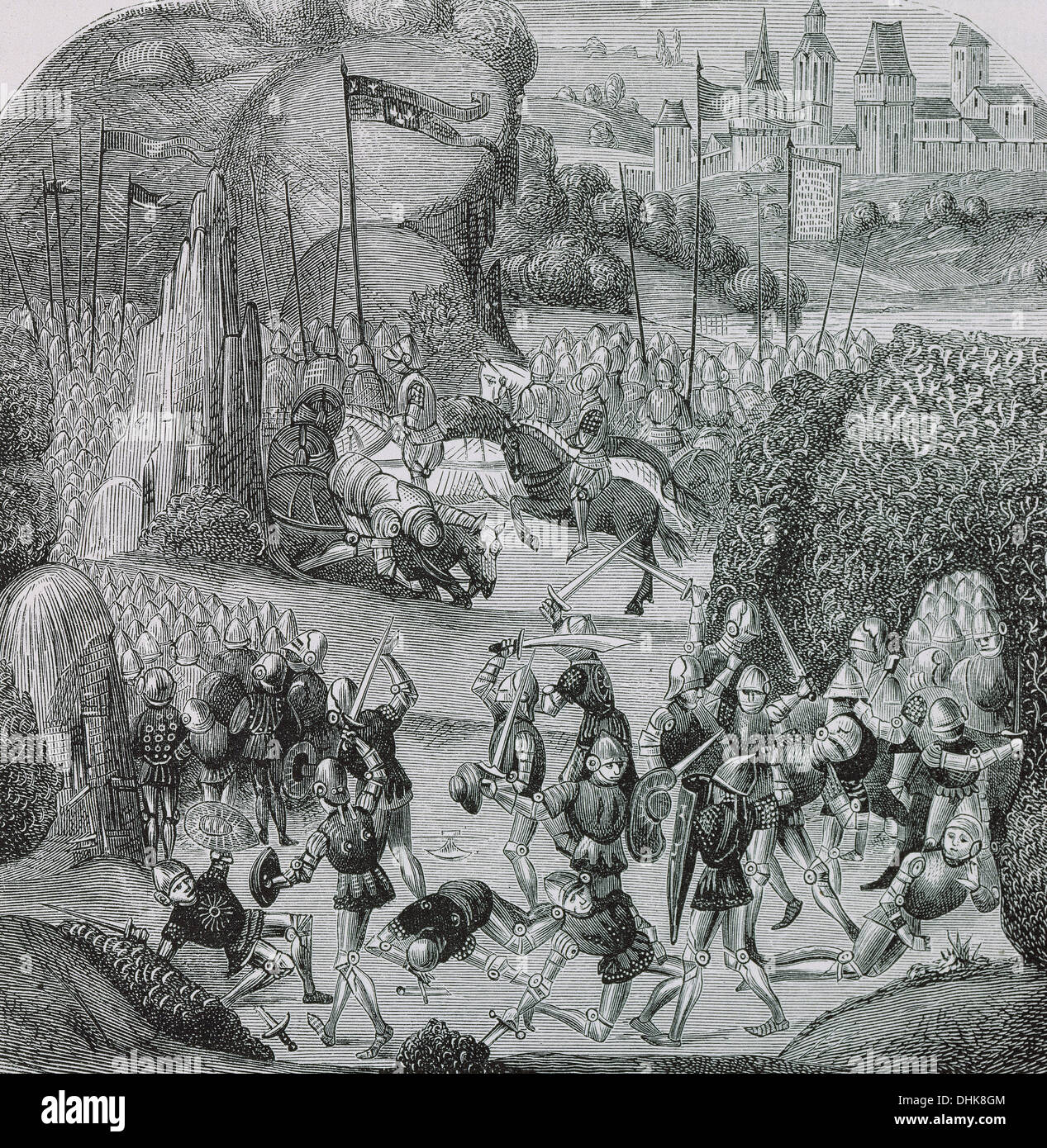 Battle of Otterburn. August 5, 1388. Les Chroniques of Jean Froissart. Engraving of an edition of 1881. Stock Photo