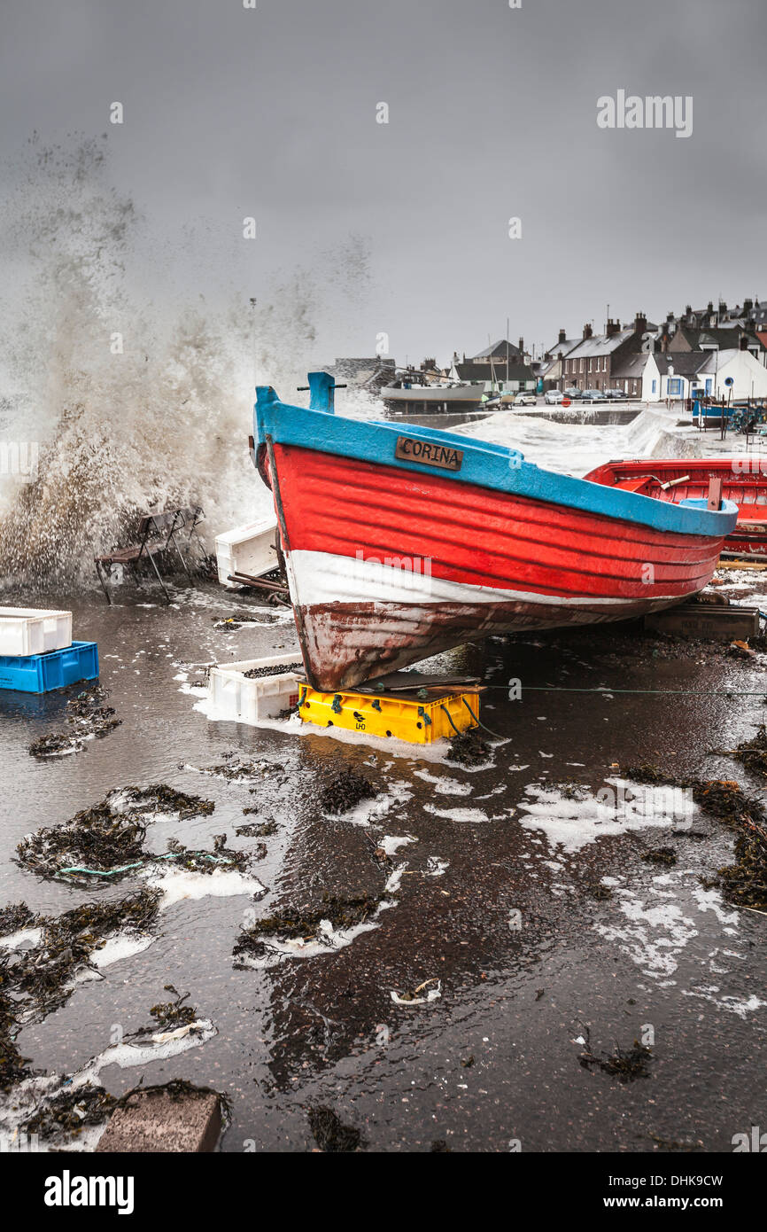 Storm Waves hitting harbour at Johnshaven in Aberdeenshire, Scotland. Stock Photo