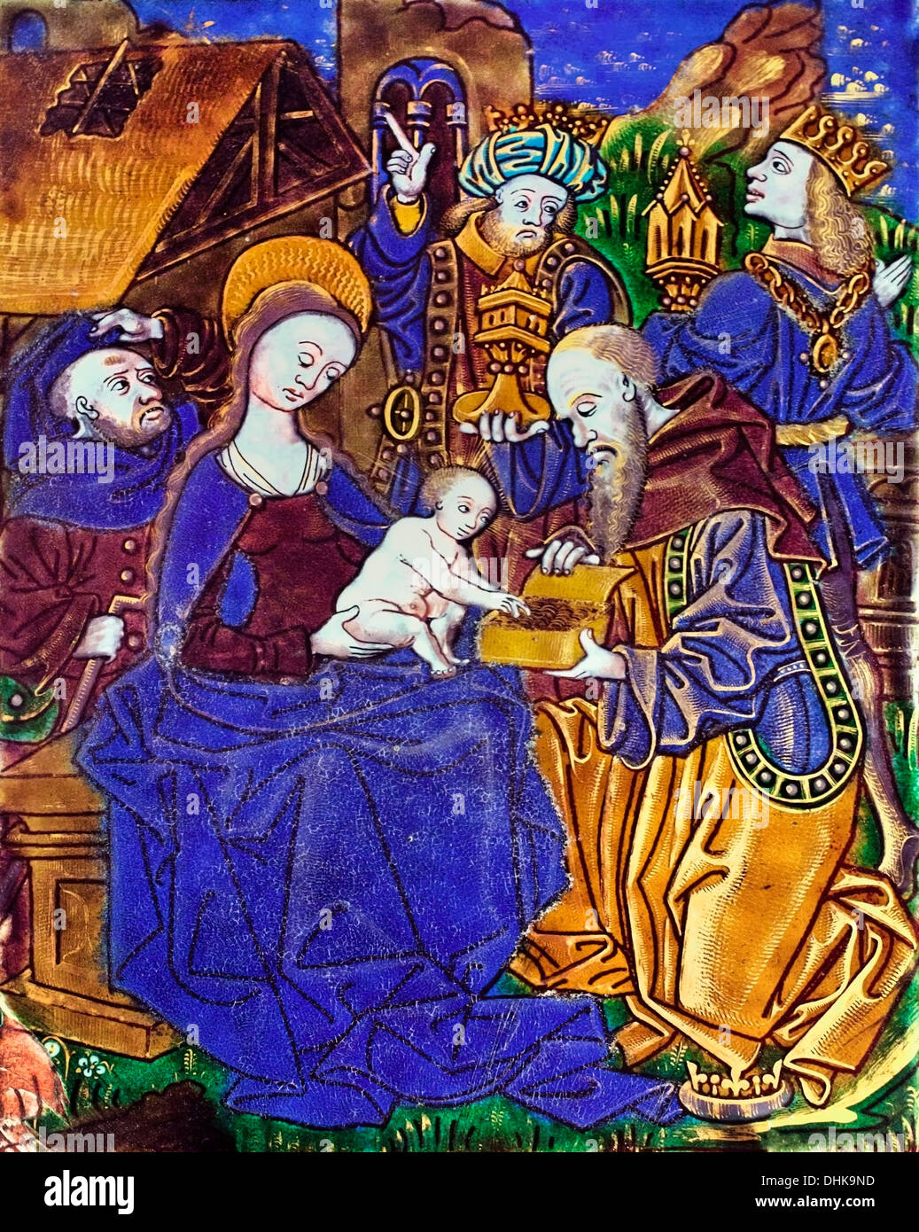 The Adoration of the Magi -L Adoration des Mages  Maître du triptyque d 'Orléans 1500 -1520  Limoges enamel  France Jesus Mary Stock Photo