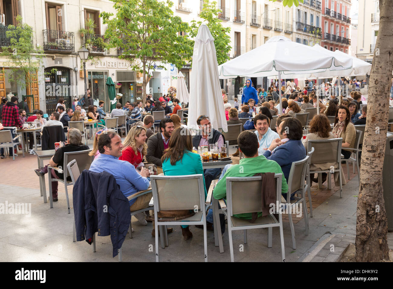 Sidewalk bars in Plaza de Chueca, Madrid, Spain Stock Photo