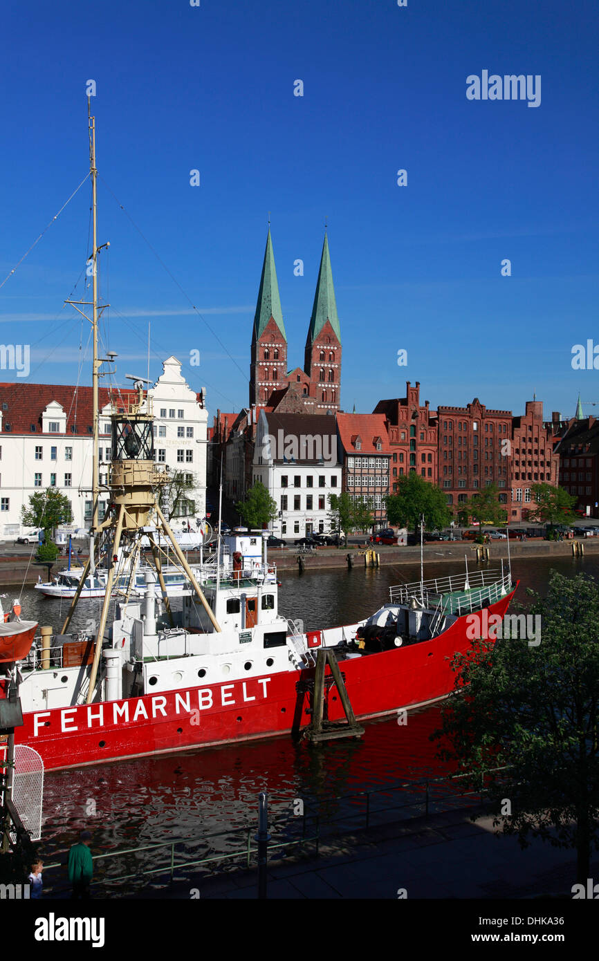 Lightship Fehmarnbelt (museums ship) at Trave river, Hanseatic town Lubeck,  Schleswig-Holstein, Germany Stock Photo