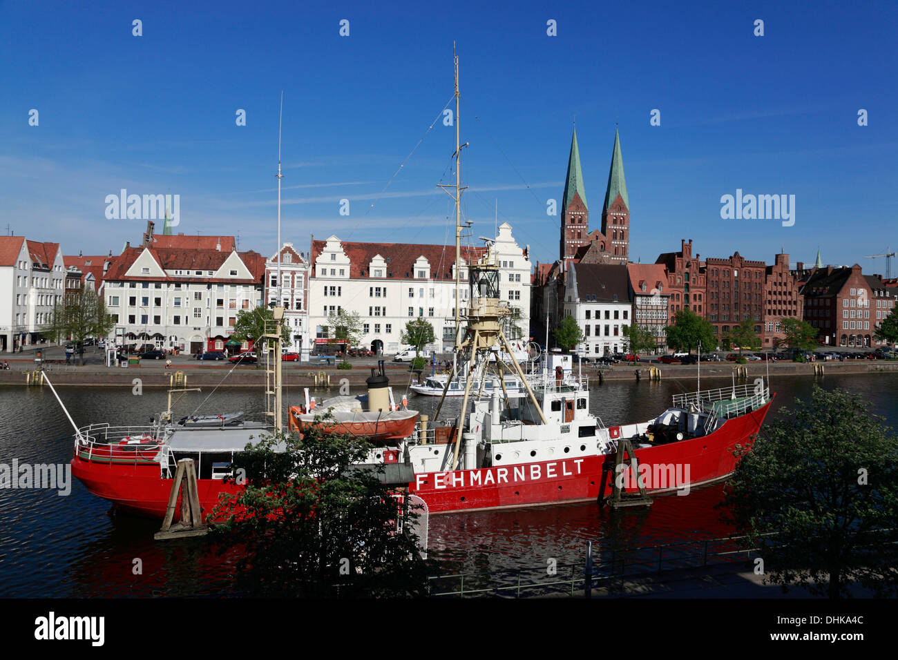 Lightship Fehmarnbelt (museums ship) at Trave river, Hanseatic town Lubeck,  Schleswig-Holstein, Germany Stock Photo