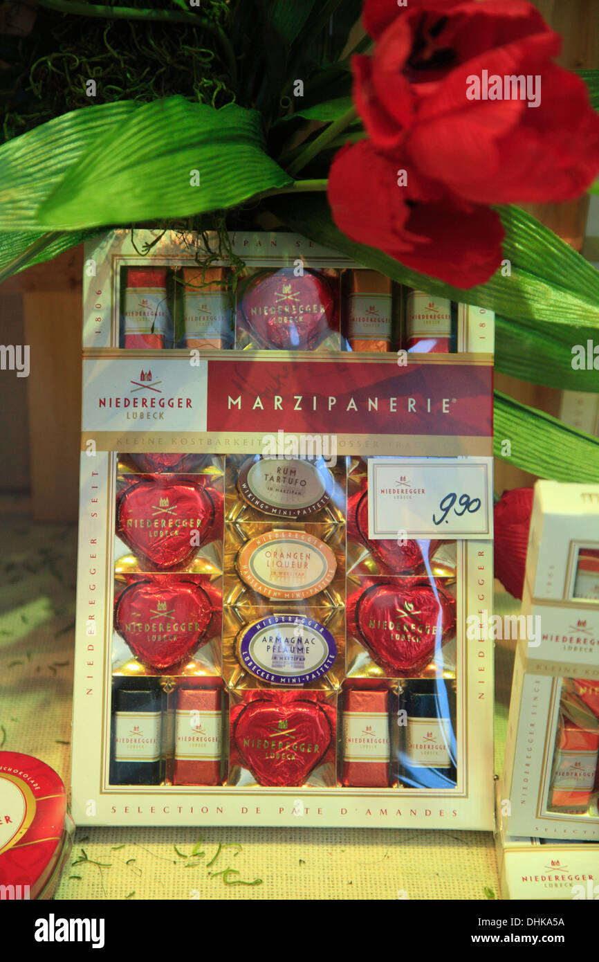 Marzipan sweets at Niederegger shop, hanseatic town Lubeck, Schleswig-Holstein,  Germany Stock Photo
