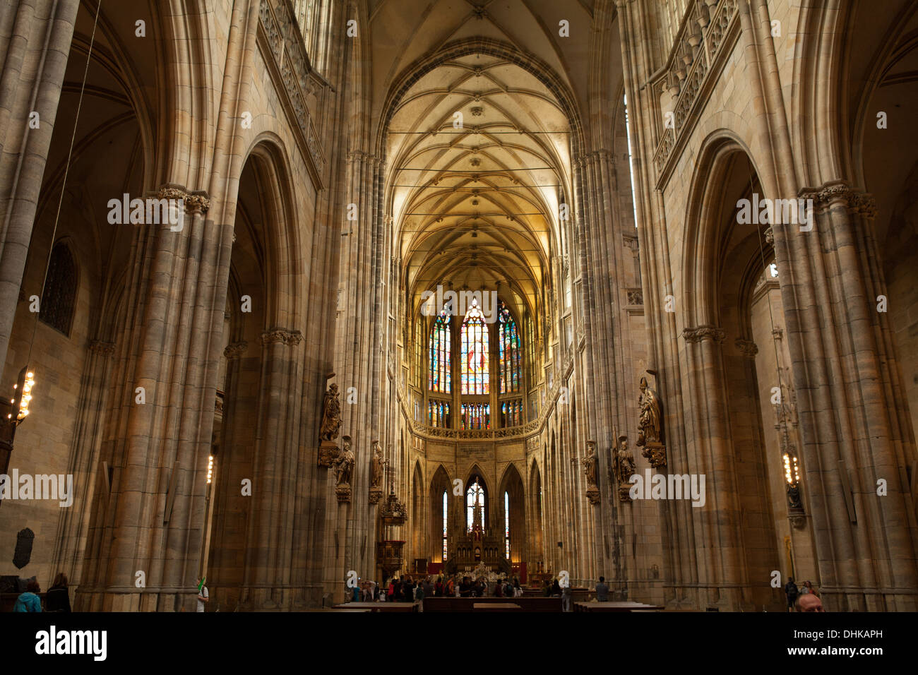 The interior of the Metropolitan Cathedral of Saints Vitus in Prague. This cathedral is a prominent example of Gothic architecture. Stock Photo