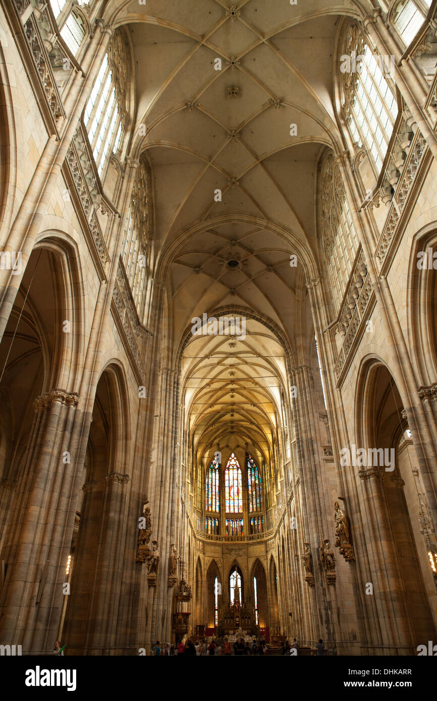The interior of the Metropolitan Cathedral of Saints Vitus in Prague. This cathedral is a prominent example of Gothic architecture. Stock Photo