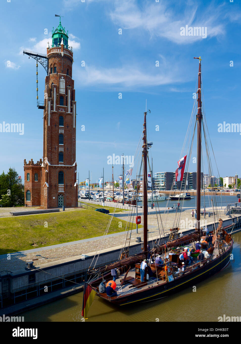 Loschenturm and sailing ship at the new harbor, Bremerhaven, Bremen, Germany Stock Photo