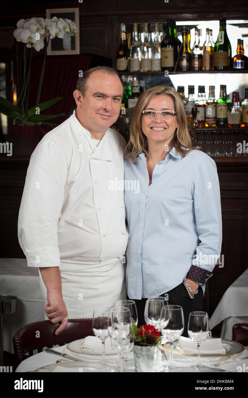 At Vichy, Mr Olivier Tajetti and Mrs Delphine Tajetti, owners of the 'Brasserie du Casino' restaurant (Allier - France). Stock Photo