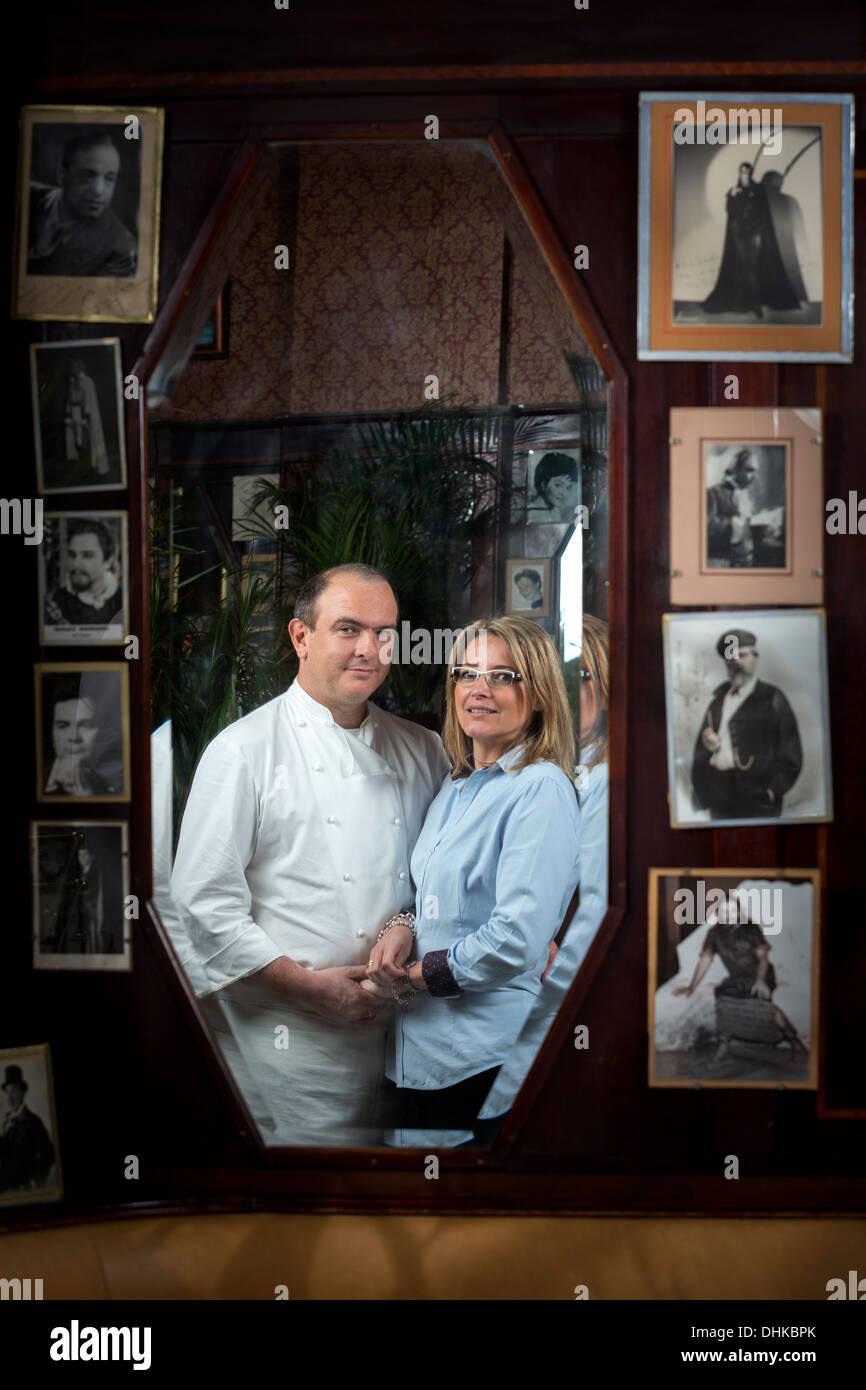 At Vichy, Mr Olivier Tajetti and Mrs Delphine Tajetti, owners of the "Brasserie du Casino" restaurant (Allier - France). Stock Photo