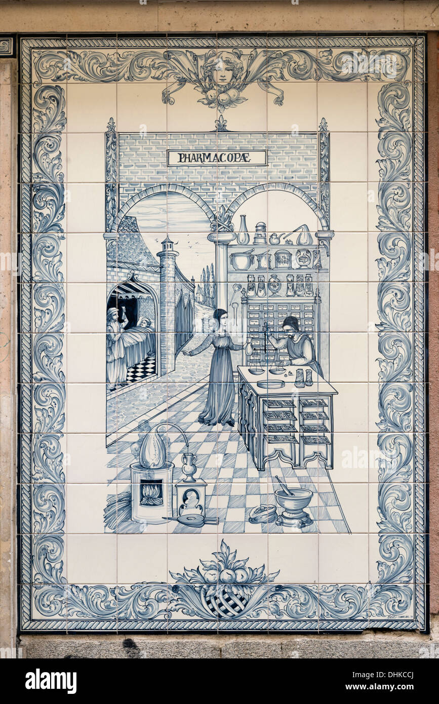 Decorative tiles outside pharmacy in Huertas district, Madrid, Spain Stock Photo
