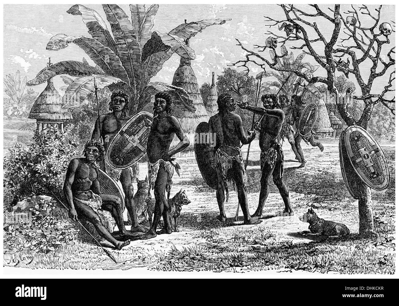1888 Group of Niam Niams and their dwellings French Congo Stock Photo