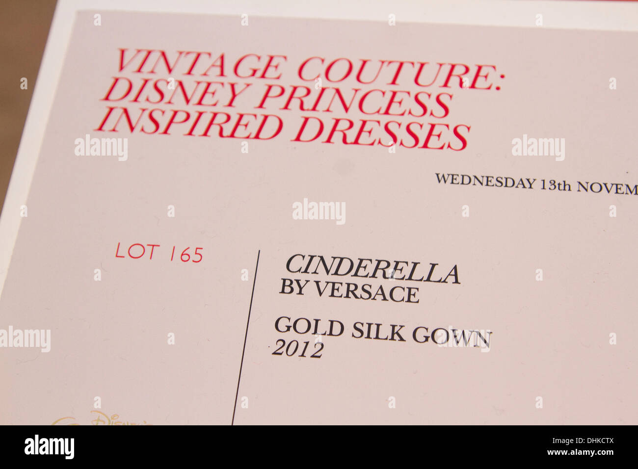 London, UK. 12th November 2013. 10 exclusive dresses as part of a collaboration between Disney and Harrods are to be auctioned at Christies to raise money for Great Ormond Street charity. The princess dresses were made by the top fashion designers to pay tribute to Disney stories and the best loved princesses Cinderella, Snow White, Princess Jasmine, Princess Tiana, Princess Aurora, Princess Rapunzel and Princess Pocahontas Credit:  amer ghazzal/Alamy Live News Stock Photo
