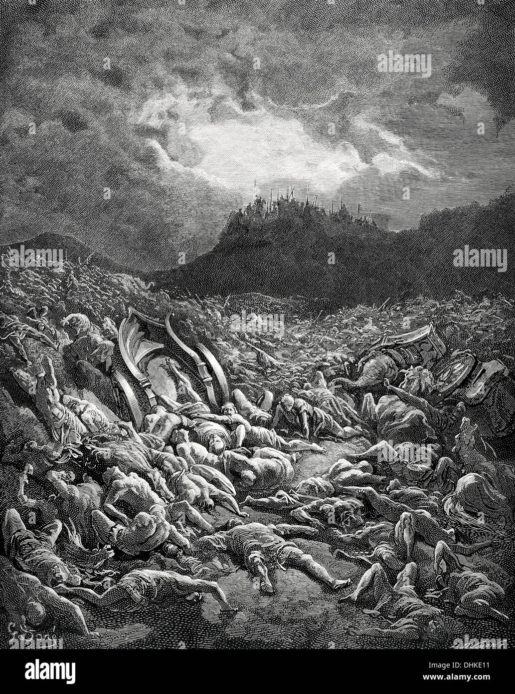 The Destruction of the Armies of the Ammonites and Moabites. Dore Bible illustrations. 19th century. Engraving. Stock Photo