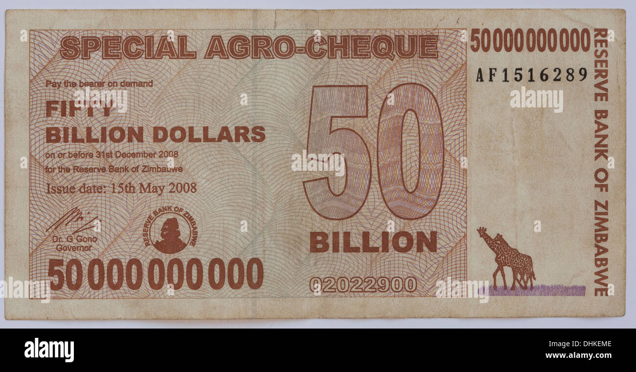 A 50 Billion Zimbabwe dollar Note - the  Zimbabwe dollar was the official currency of Zimbabwe from 1980 to 12 April 2009 Stock Photo