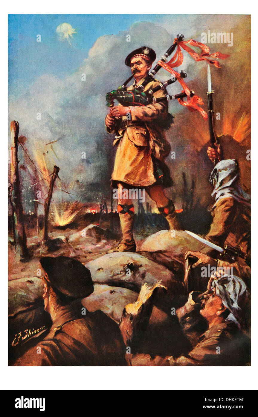 Piper of Loos Daniel Laidlaw VC. Marching along the trench parapet playing his bagpipes until he was wounded. WW1 Stock Photo