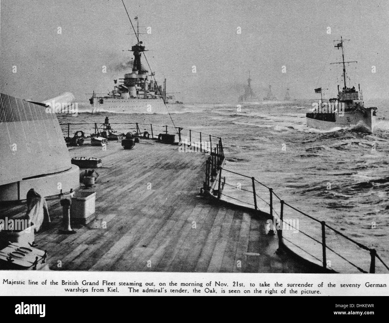 Majestic line of the British Grand Fleet steaming out, on the morning of Nov. 21st, to take the surrender seventy German ships Stock Photo