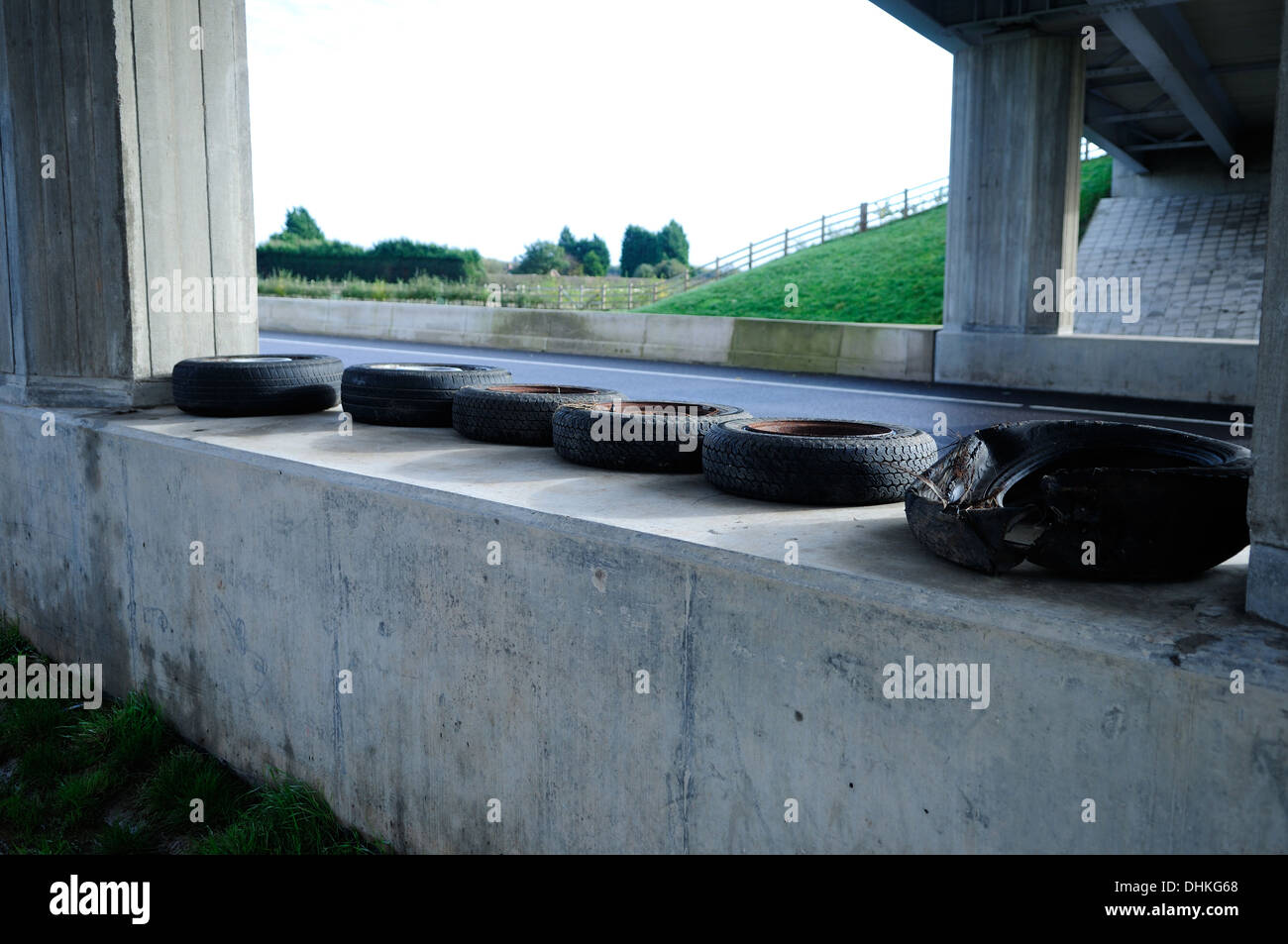 Salvaged Tyres Found On Or Along Roadside .A46 Nottinghamshire,UK. Stock Photo