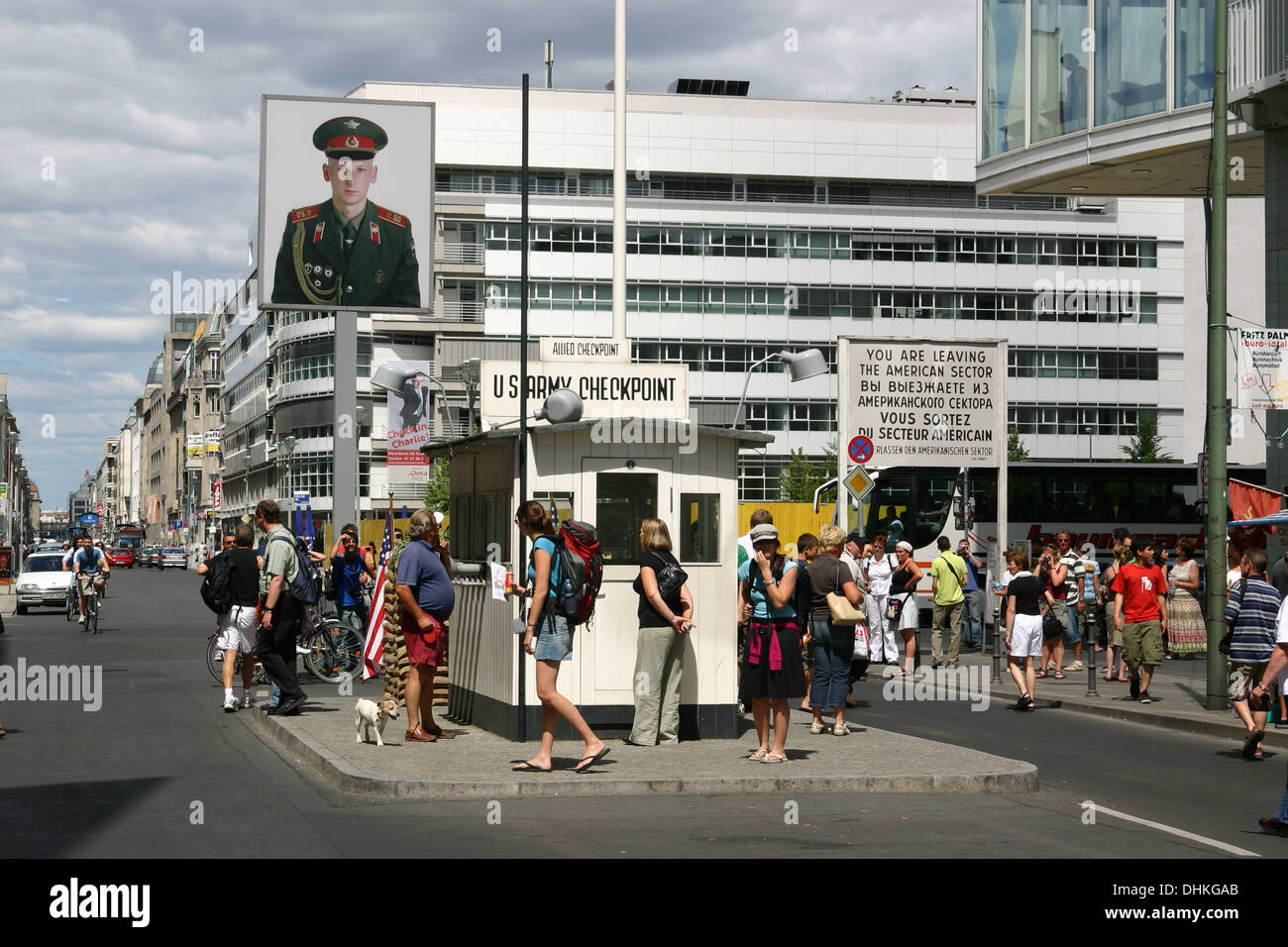Checkpoint Charlie (or 'Checkpoint C') was the name given by the Western Allies to the best-known Berlin Wall crossing point Stock Photo