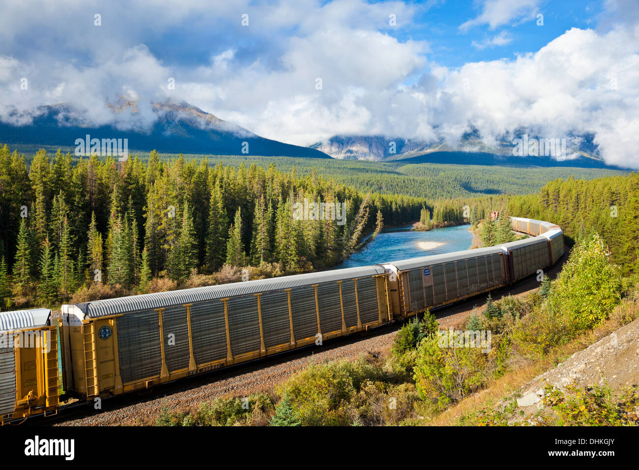 Canadian Pacific Railway freight  train on Morant's Curve  Rockies Banff National Park canadian rockies Alberta Canada Stock Photo