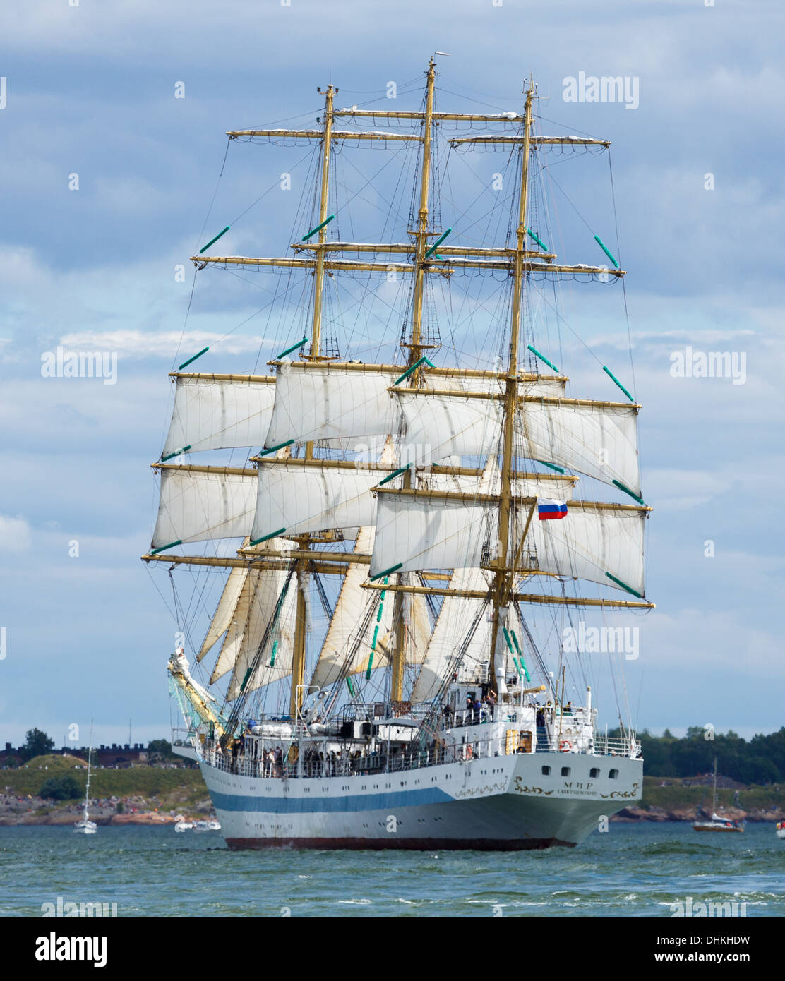 STS Mir is a three-masted, full rigged training ship, based in St. Petersburg, Russia. Here she departs from Helsinki. Stock Photo