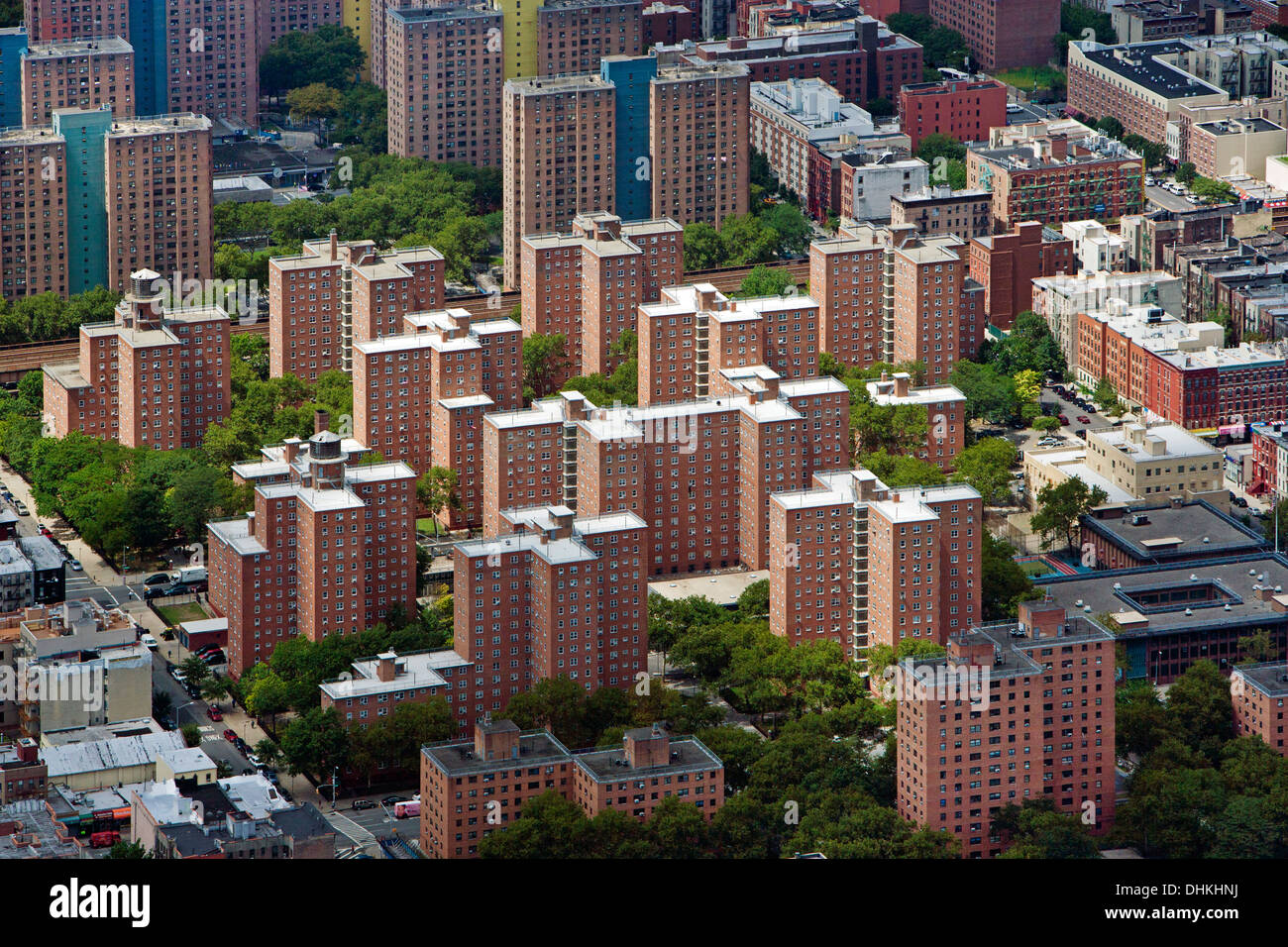 aerial photograph residential high rise apartment buildings Harlem, Manhattan, New York City Stock Photo