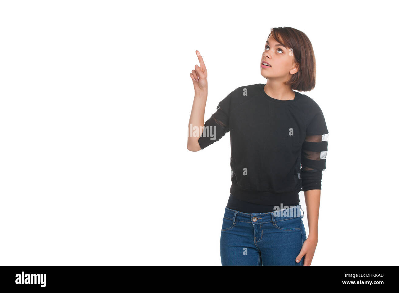 Women pointing to her palm hi-res stock photography and images - Alamy